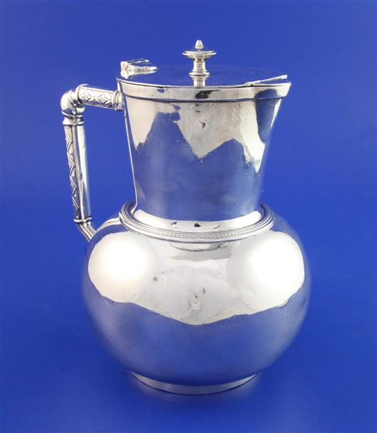 A Victorian Elkington & Co silver plated water jug designed by Dr. Christopher Dresser, 8.75in.